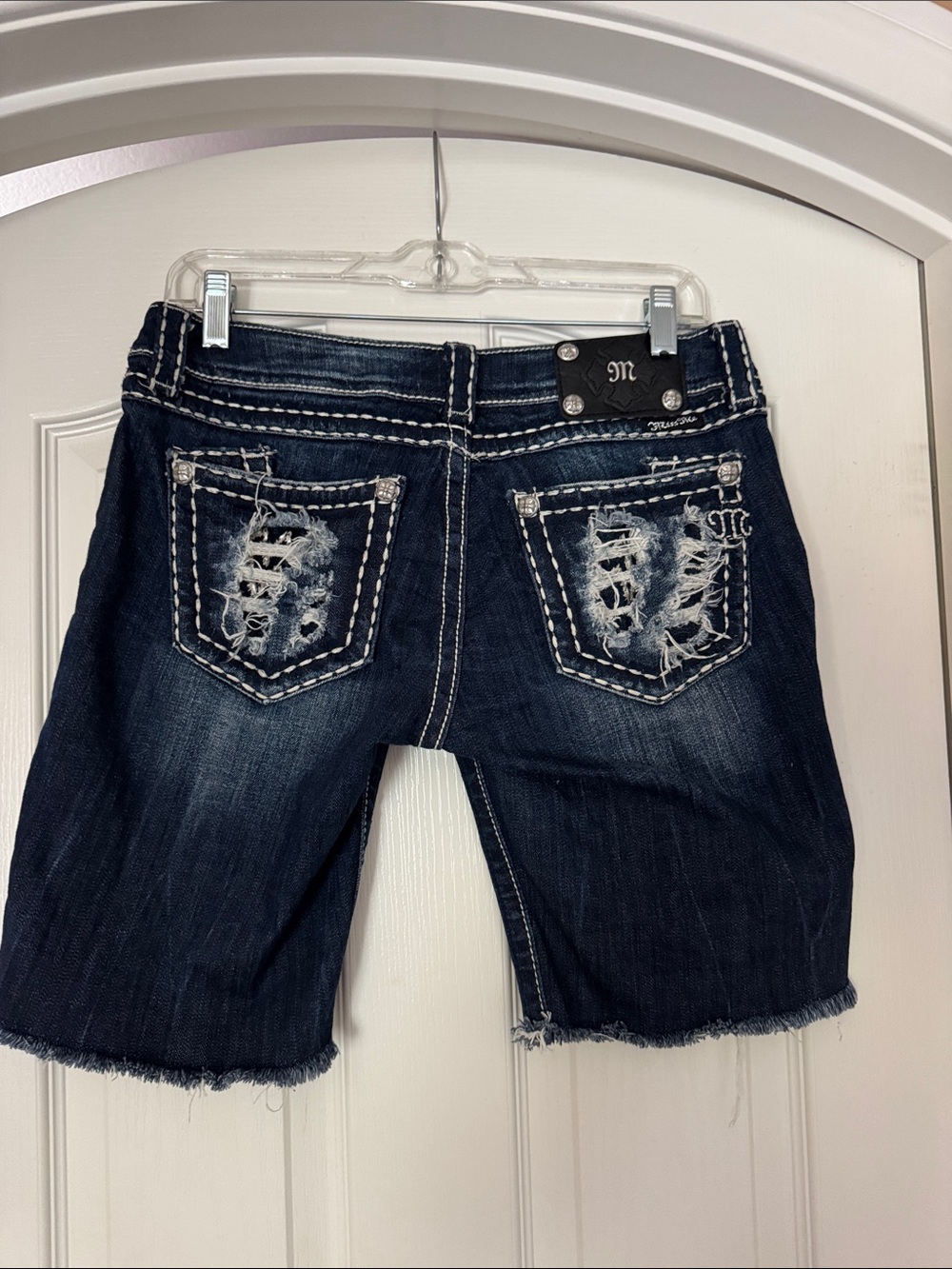 Cute Miss Me Dark Indigo Distressed Denim Bermuda Shorts.